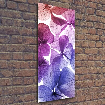 Cuadro decorativo en cristal con canto pulido vertical flores moradas