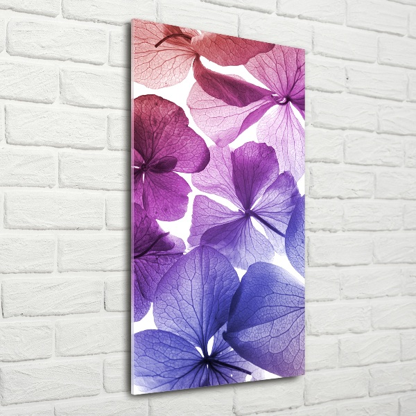 Cuadro decorativo en cristal con canto pulido vertical flores moradas