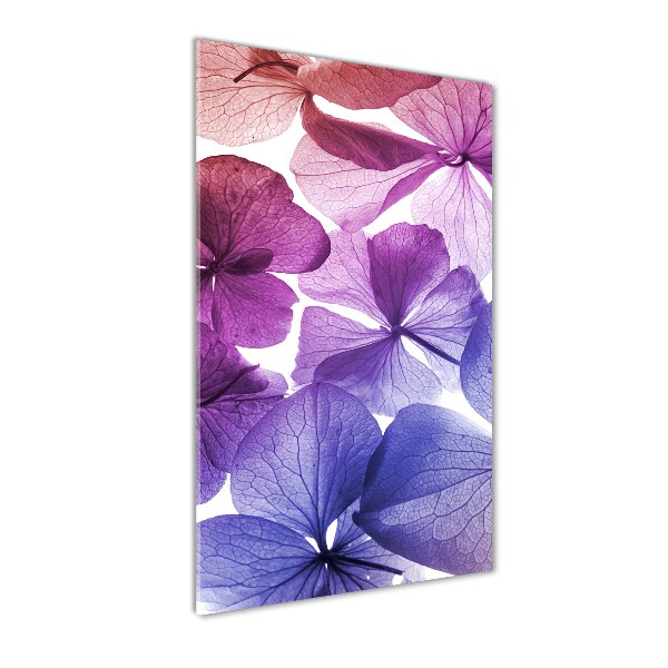 Cuadro decorativo en cristal con canto pulido vertical flores moradas