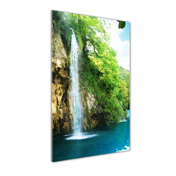Fotocuadro de cristal elegante para hogar vertical Cascada en el bosque
