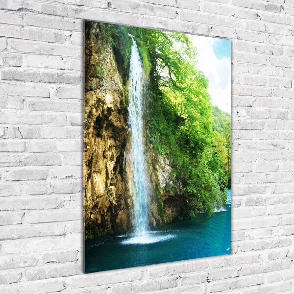 Fotocuadro de cristal elegante para hogar vertical Cascada en el bosque