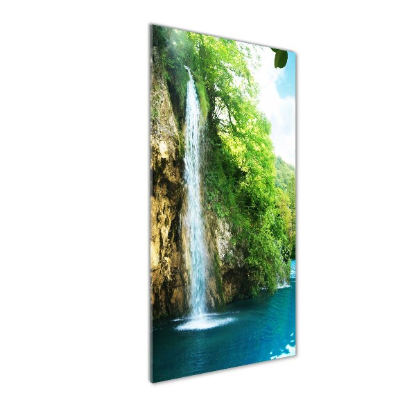 Fotocuadro de cristal elegante para hogar vertical Cascada en el bosque