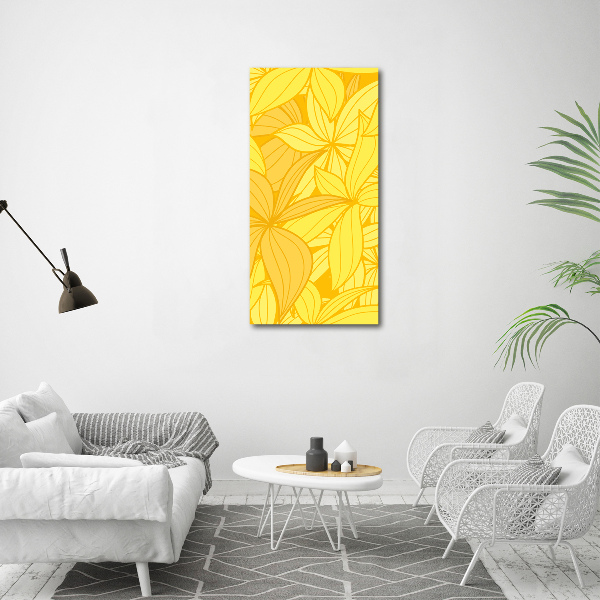 Cuadro de cristal moderno efecto brillo vertical flores amarillas