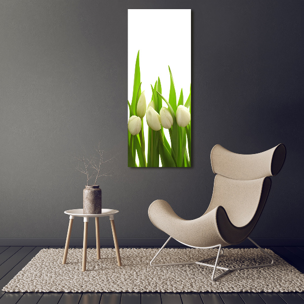 Cuadro de cristal moderno efecto brillo vertical tulipanes blancos