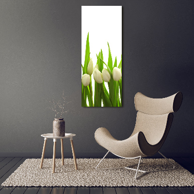 Cuadro de cristal moderno efecto brillo vertical tulipanes blancos