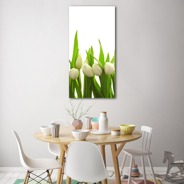 Cuadro de cristal moderno efecto brillo vertical tulipanes blancos