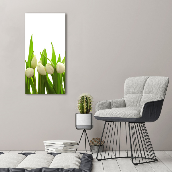 Cuadro de cristal moderno efecto brillo vertical tulipanes blancos