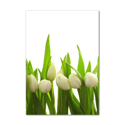 Cuadro de cristal moderno efecto brillo vertical tulipanes blancos