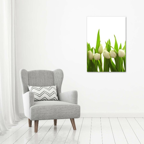 Cuadro de cristal moderno efecto brillo vertical tulipanes blancos