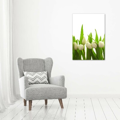 Cuadro de cristal moderno efecto brillo vertical tulipanes blancos