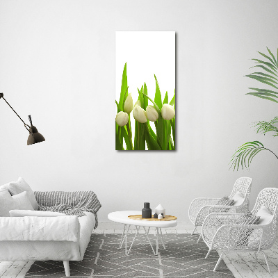 Cuadro de cristal moderno efecto brillo vertical tulipanes blancos