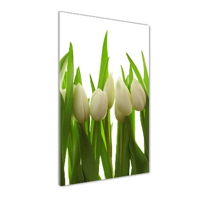 Cuadro decorativo en cristal con canto pulido vertical tulipanes blancos