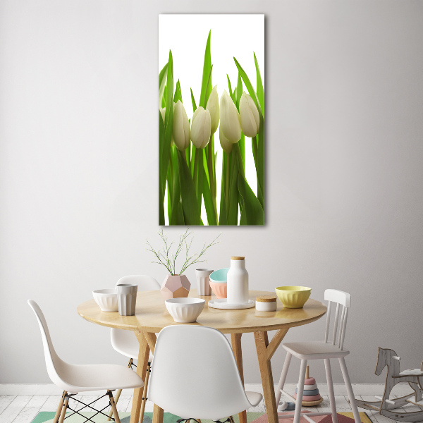 Cuadro decorativo en cristal con canto pulido vertical tulipanes blancos
