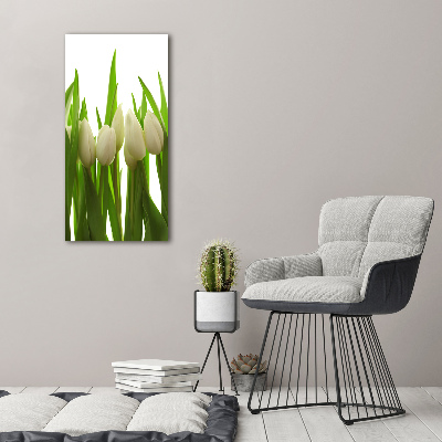 Cuadro decorativo en cristal con canto pulido vertical tulipanes blancos