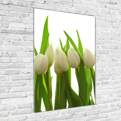 Cuadro decorativo en cristal con canto pulido vertical tulipanes blancos