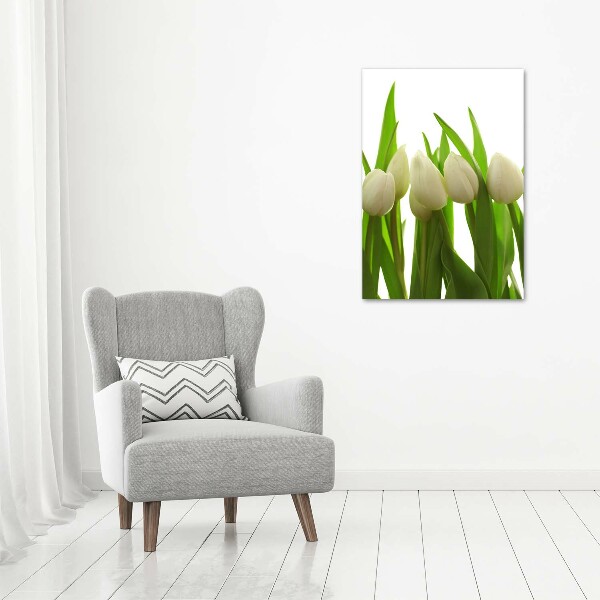Cuadro decorativo en cristal con canto pulido vertical tulipanes blancos