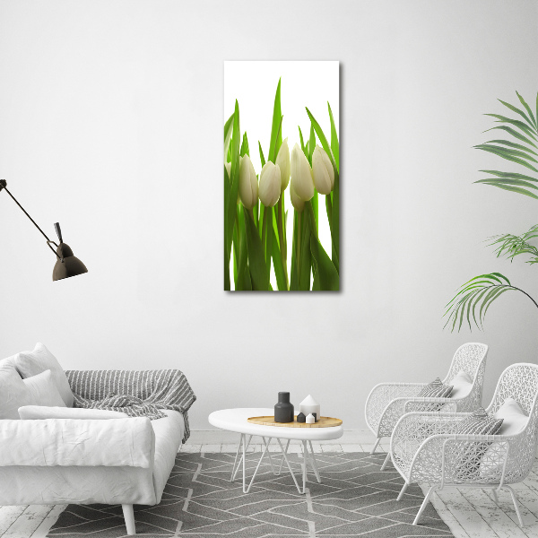 Cuadro decorativo en cristal con canto pulido vertical tulipanes blancos