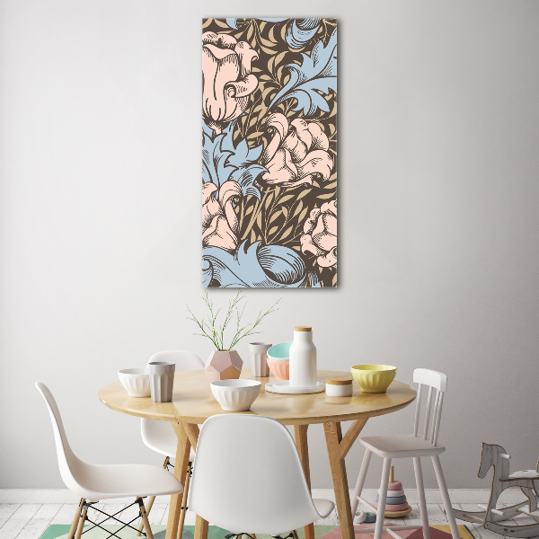 Cuadro decorativo en cristal con canto pulido vertical Flores y hojas