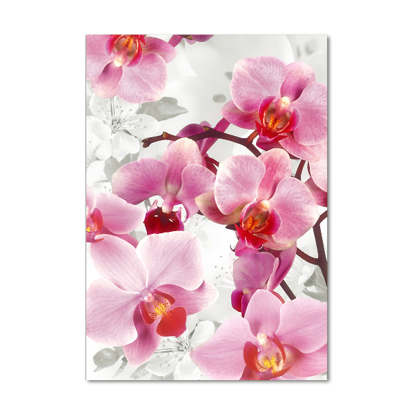 Cuadro decorativo en cristal con canto pulido vertical Orquídea rosa