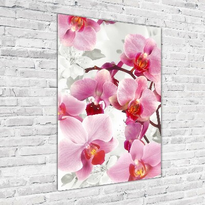 Cuadro decorativo en cristal con canto pulido vertical Orquídea rosa