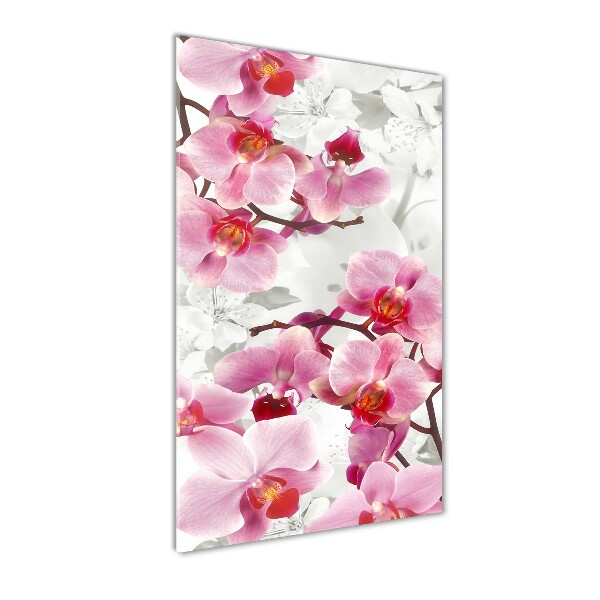 Cuadro decorativo en cristal con canto pulido vertical Orquídea rosa