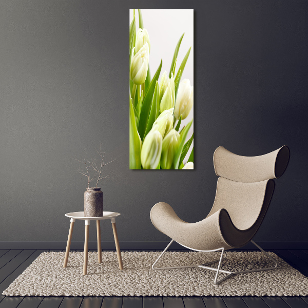 Cuadro de vidrio templado 4mm para pared vertical tulipanes blancos