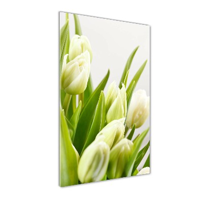 Cuadro de vidrio templado 4mm para pared vertical tulipanes blancos