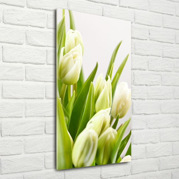 Cuadro de vidrio templado 4mm para pared vertical tulipanes blancos