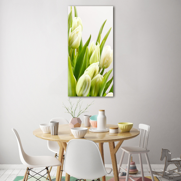 Cuadro de vidrio templado 4mm para pared vertical tulipanes blancos