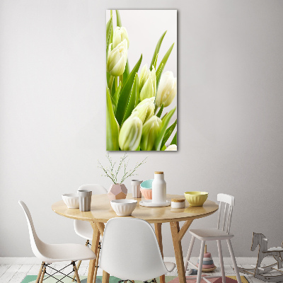 Cuadro de vidrio templado 4mm para pared vertical tulipanes blancos