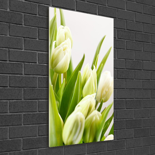 Cuadro de vidrio templado 4mm para pared vertical tulipanes blancos