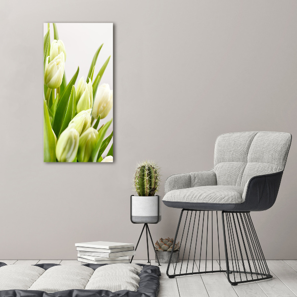 Cuadro de vidrio templado 4mm para pared vertical tulipanes blancos