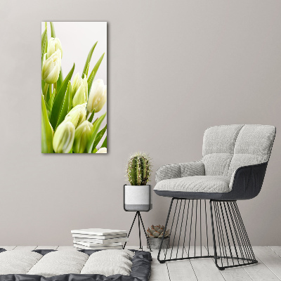 Cuadro de vidrio templado 4mm para pared vertical tulipanes blancos