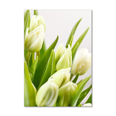 Cuadro de vidrio templado 4mm para pared vertical tulipanes blancos