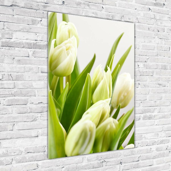 Cuadro de vidrio templado 4mm para pared vertical tulipanes blancos