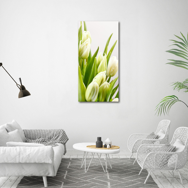 Cuadro de vidrio templado 4mm para pared vertical tulipanes blancos