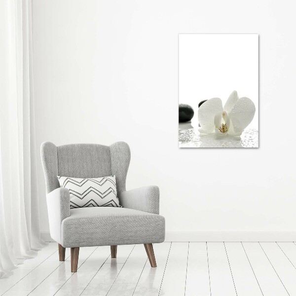 Cuadro decorativo en cristal con canto pulido vertical Orquídea y piedras