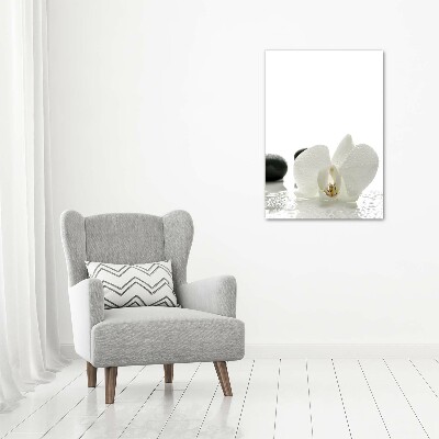 Cuadro decorativo en cristal con canto pulido vertical Orquídea y piedras