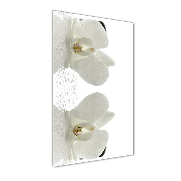 Cuadro decorativo en cristal con canto pulido vertical Orquídea y piedras