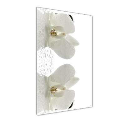 Cuadro decorativo en cristal con canto pulido vertical Orquídea y piedras