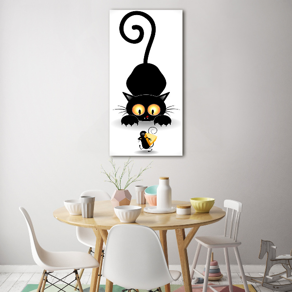 Cuadro decorativo en cristal con canto pulido vertical El gato y el ratón