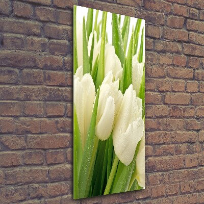 Cuadro de vidrio templado 4mm para pared vertical tulipanes blancos