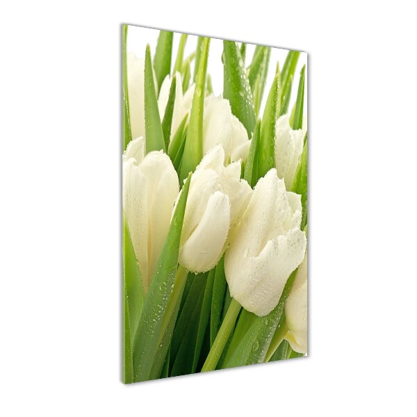 Cuadro de vidrio templado 4mm para pared vertical tulipanes blancos