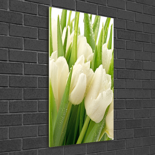 Cuadro de vidrio templado 4mm para pared vertical tulipanes blancos