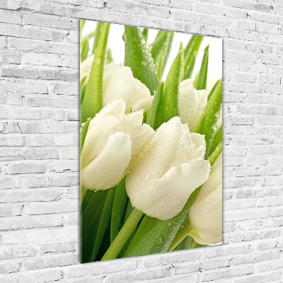 Cuadro de vidrio templado 4mm para pared vertical tulipanes blancos
