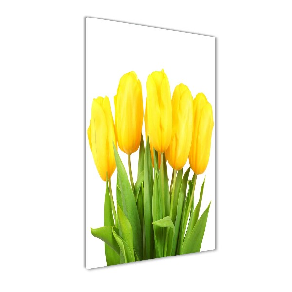 Cuadro de cristal moderno efecto brillo vertical tulipanes amarillos