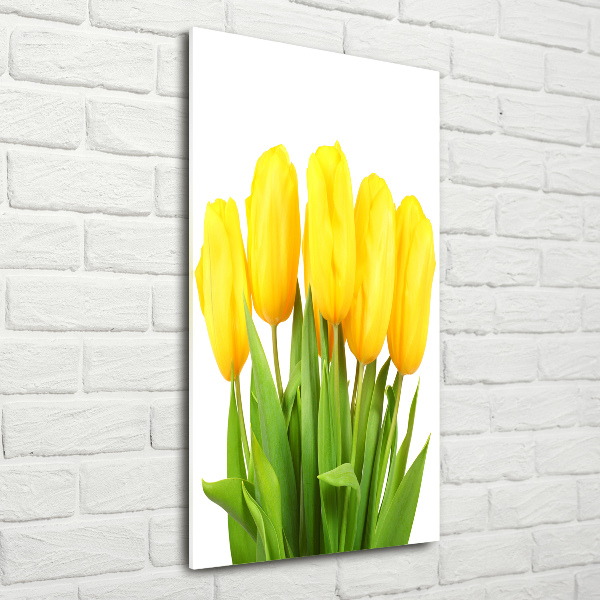 Cuadro de cristal moderno efecto brillo vertical tulipanes amarillos