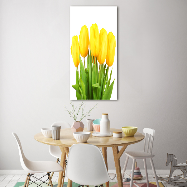 Cuadro de cristal moderno efecto brillo vertical tulipanes amarillos