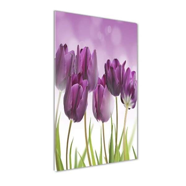 Fotocuadro de cristal elegante para hogar vertical tulipanes morados