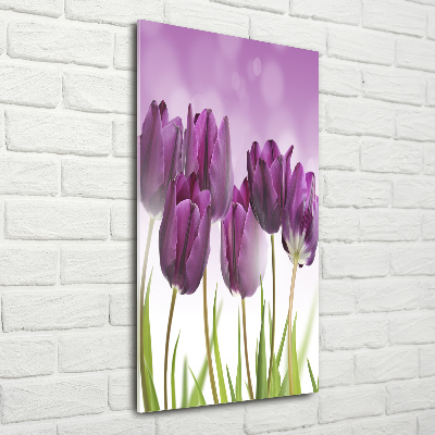 Fotocuadro de cristal elegante para hogar vertical tulipanes morados